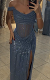 Niulatu Grey Blue Off Shoulder Sheath Glitter Satin Long Prom Dresses Formal Evening Gowns with Slits HZ1031