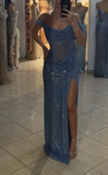 Niulatu Grey Blue Off Shoulder Sheath Glitter Satin Long Prom Dresses Formal Evening Gowns with Slits HZ1031