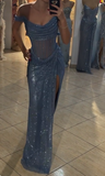 Niulatu Grey Blue Off Shoulder Sheath Glitter Satin Long Prom Dresses Formal Evening Gowns with Slits HZ1031