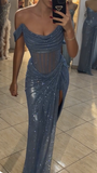 Niulatu Grey Blue Off Shoulder Sheath Glitter Satin Long Prom Dresses Formal Evening Gowns with Slits HZ1031
