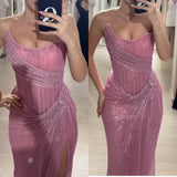 Niulatu Pink Strapless Sheath Glitter Sequins Long Prom Dresses Formal Evening Gowns with Slits HZ1031