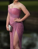 Niulatu Pink Strapless Sheath Glitter Sequins Long Prom Dresses Formal Evening Gowns with Slits HZ1031