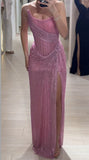 Niulatu Pink Strapless Sheath Glitter Sequins Long Prom Dresses Formal Evening Gowns with Slits HZ1031