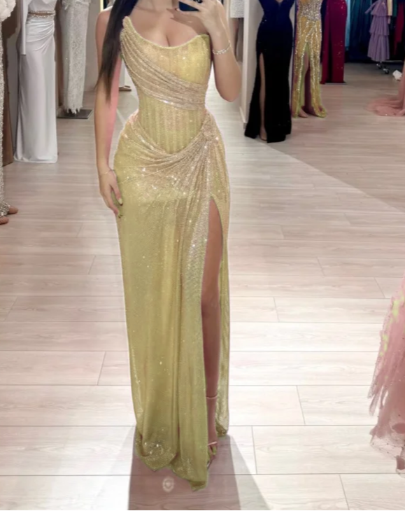 Niulatu Pink Strapless Sheath Glitter Sequins Long Prom Dresses Formal Evening Gowns with Slits HZ1031