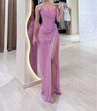 Niulatu Pink Strapless Sheath Glitter Sequins Long Prom Dresses Formal Evening Gowns with Slits HZ1031