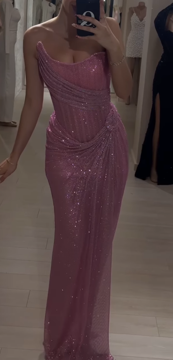 Niulatu Pink Strapless Sheath Glitter Sequins Long Prom Dresses Formal Evening Gowns with Slits HZ1031