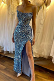 Niulatu Blue Strapless Mermaid Sequins Long Prom Dresses Formal Evening Gowns with Slits HZ1031