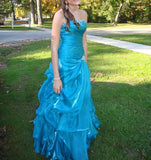 Niulatu Blue Strapless A-Line Tulle Beaded Long Prom Dresses Birthday Evening Gowns HZ1031