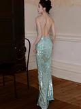 Niulatu Mint Green One Shoulder Memaid Sequins Long Prom Dresses Formal Evening Gowns with Open Back HZ1031