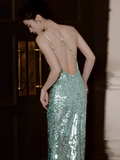 Niulatu Mint Green One Shoulder Memaid Sequins Long Prom Dresses Formal Evening Gowns with Open Back HZ1031