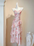 Niulatu Spaghetti Straps Printed Chiffon A-Line Long Prom Dresses Pretty Evening Gowns HZ1031