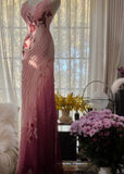 Niulatu Pink Spaghetti Straps Mermaid Chiffon Beading Long Prom Dresses Vintage Evening Gowns HZ1031