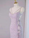 Niulatu Light Purple V-neck Sheath Lace Beading Long Prom Dresses Formal Evening Gowns with Slits HZ1031