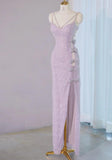 Niulatu Light Purple V-neck Sheath Lace Beading Long Prom Dresses Formal Evening Gowns with Slits HZ1031
