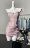 Niulatu Pink Strapless Bodycon Glitter Satin Short Party Dresses Homecoming Dresses HZ1031