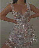 Niulatu White Sweetheart A-Line Glitter Tulle Lace Short Prom Dresses Cute Homecoming Dresses HZ1031