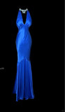 Niulatu Blue V Neck Mermaid Satin Long Prom Dresses Formal Evening Gowns with Open Back HZ1031
