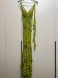 Niulatu Olive Green V-Neck Sheath Beaded Chiffon Long Prom Dresses Formal Evening Gowns HZ1031