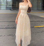 Niulatu Apricot Square Neck A-Line Tulle Sequins Long Prom Dresses Birthday Evening Dress Gowns HZ1031