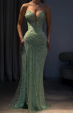 Niulatu Green Sweetheart Neck Sheath Tulle Beading Long Prom Dresses Formal Evening Gowns with Sequins HZ1031