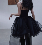 Niulatu Black Spaghetti Straps A-Line Tulle Hi-Lo Prom Dresses Birthday Party Dresses HZ1031