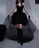 Niulatu Black Spaghetti Straps A-Line Tulle Hi-Lo Prom Dresses Birthday Party Dresses HZ1031