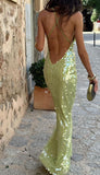 Niulatu Green Spaghetti Straps Sheath Sequin Long Prom Dresses Formal Evening Gowns with Open Back HZ1031