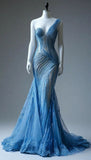 Niulatu Blue One Shoulder Mermaid Tulle Beading Long Prom Dresses Formal Evening Gowns HZ1031