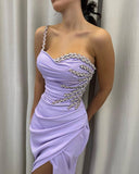 Niulatu Lilac One Shoulder Mermaid Satin Diamond Long Prom Dresses Formal Evening Gowns with Slits HZ1031