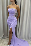 Niulatu Lilac One Shoulder Mermaid Satin Diamond Long Prom Dresses Formal Evening Gowns with Slits HZ1031