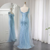 Niulatu Blue Sweetheart Mermaid Tulle Beading Long Prom Dresses Formal Evening Gowns HZ1031