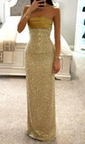 Niulatu Gold Strapless Sheath Beaded Satin Long Prom Dresses Formal Evening Gowns HZ1031