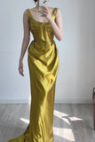 Niulatu Yellow U Neck Sheath Satin Long Prom Dresses Formal Evening Gowns HZ1031