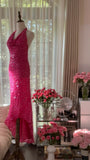Niulatu Hot Pink Halter Neck Sheath Sequins Long Prom Dresses Formal Evening Gowns with Open Back HZ1031