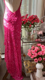 Niulatu Hot Pink Halter Neck Sheath Sequins Long Prom Dresses Formal Evening Gowns with Open Back HZ1031