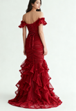 Niulatu Burgundy Off-shoulder Mermaid Tulle Sequins Long Prom Dresses Formal Evening Gowns HZ1031