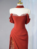 Niulatu Burgundy Off-shoulder Sheath Chiffon Long Prom Dresses Formal Evening Gowns with Slits HZ1031