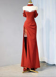 Niulatu Burgundy Off-shoulder Sheath Chiffon Long Prom Dresses Formal Evening Gowns with Slits HZ1031
