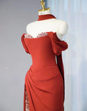Niulatu Burgundy Off-shoulder Sheath Chiffon Long Prom Dresses Formal Evening Gowns with Slits HZ1031