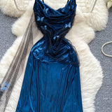 Niulatu Navy Blue Spaghetti Straps Sheath Satin Short Party Dress for Birthday&Cocktail HZ1031