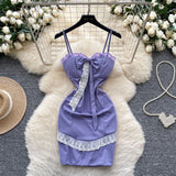 Niulatu Purple Spaghetti Strap Bodycon Lace Short Party Dress HZ1031