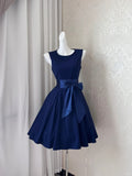 Niulatu Navy Blue Round Neck A-Line Satin Short Birthday Party Dresses Homecoming Dresses with Bow HZ1031