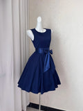 Niulatu Navy Blue Round Neck A-Line Satin Short Birthday Party Dresses Homecoming Dresses with Bow HZ1031