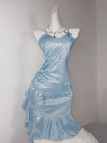 Niulatu Ice Blue Spaghetti Straps Bodycon Ruffles Short Party Dress HZ1031
