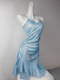 Niulatu Ice Blue Spaghetti Straps Bodycon Ruffles Short Party Dress HZ1031