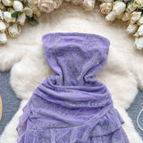 Niulatu Purple Strapless Bodycon Chiffon Ruffle Short Cocktail Party Dress HZ1031