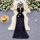 Niulatu Black Halterneck Bodycon Satin Long Evening Gowns HZ1031