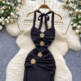 Niulatu Black Halterneck Bodycon Satin Long Evening Gowns HZ1031