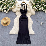 Niulatu Black Halterneck Bodycon Satin Long Evening Gowns HZ1031