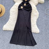 Niulatu Black Halterneck Bodycon Satin Long Evening Gowns HZ1031